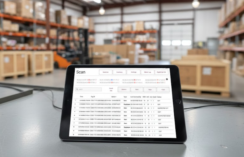 LOTIX dashboard on a tablet in a warehouse