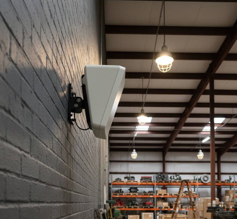 RFID reader mounted on a warehouse wall